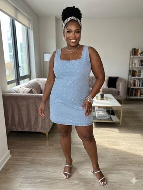 Sleeveless Light Blue Denim Mini Dress with Embellishments